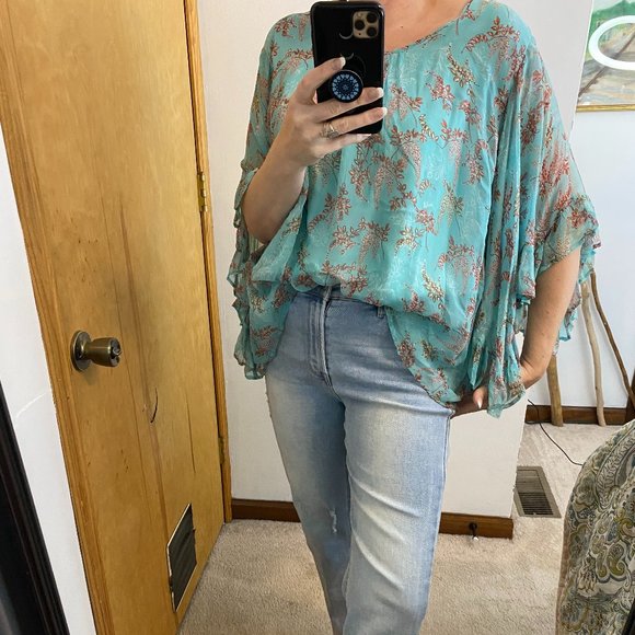 Sundance Wilde Aqua Chiffon Ruffle Loose Fit Boho Top Size Large - Picture 10 of 13